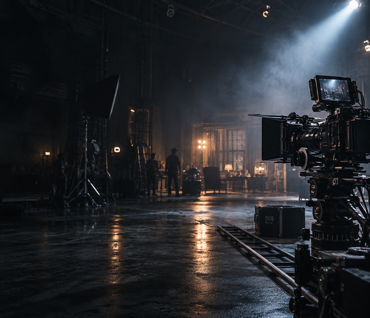 A cinema camera in a softly lit film studio