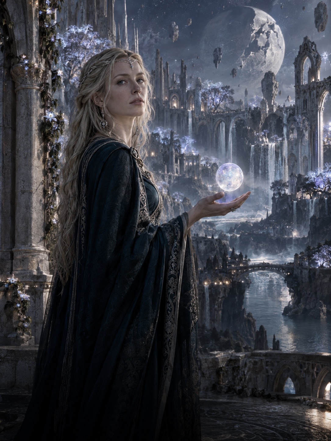 A European-looking mage holding a floating moonstone amid magical ruins