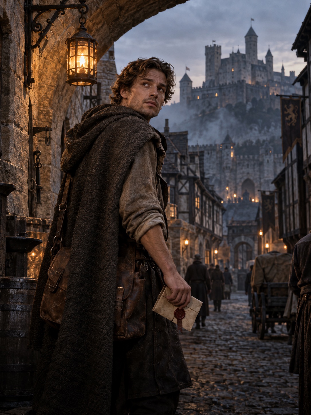 A young European blacksmith with a sealed letter in a medieval castle town