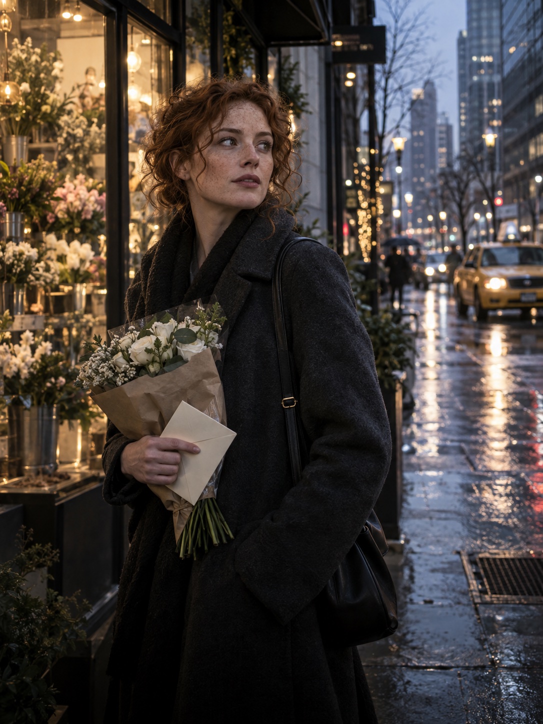 A European-American florist with flowers and an envelope on a rainy modern city street