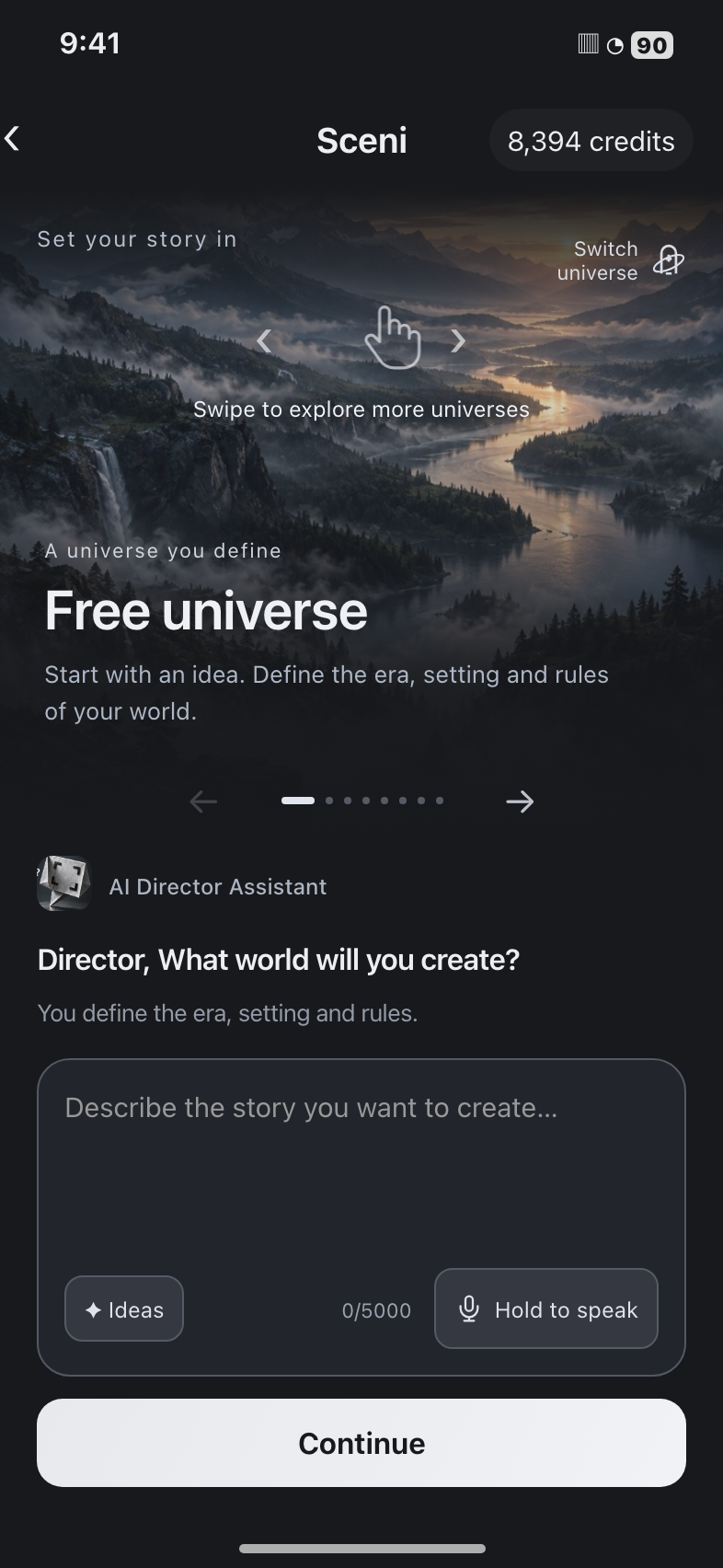 Sceni creation workspace: choose a universe, chat with your AI director’s assistant and describe your story